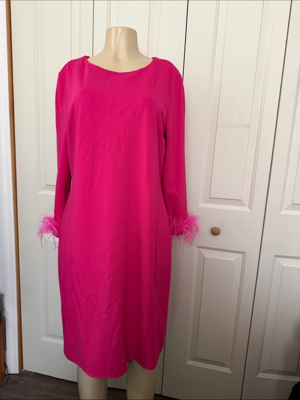 Jude Connally Hot Pink Long Sleeve Dress with Feather Cuffs
